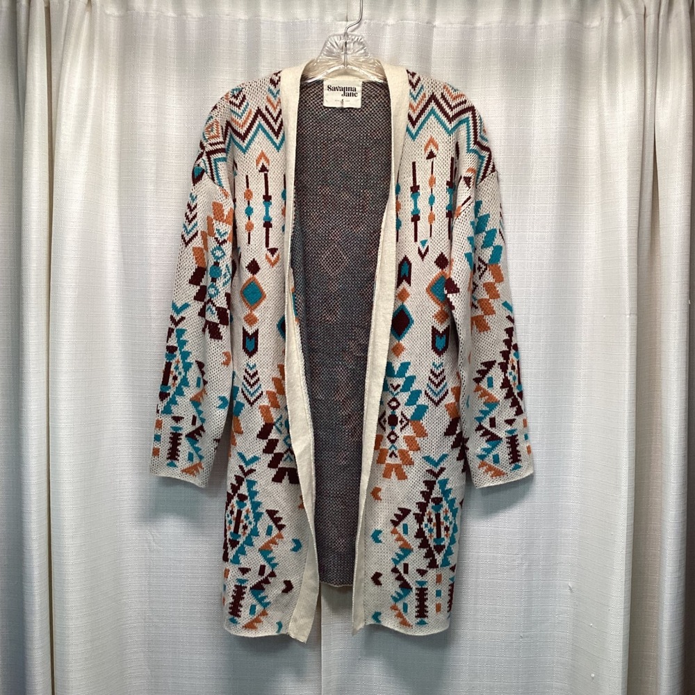 Savanna Jane Southwestern Geometric Longline Open Front Cardigan Cream Small